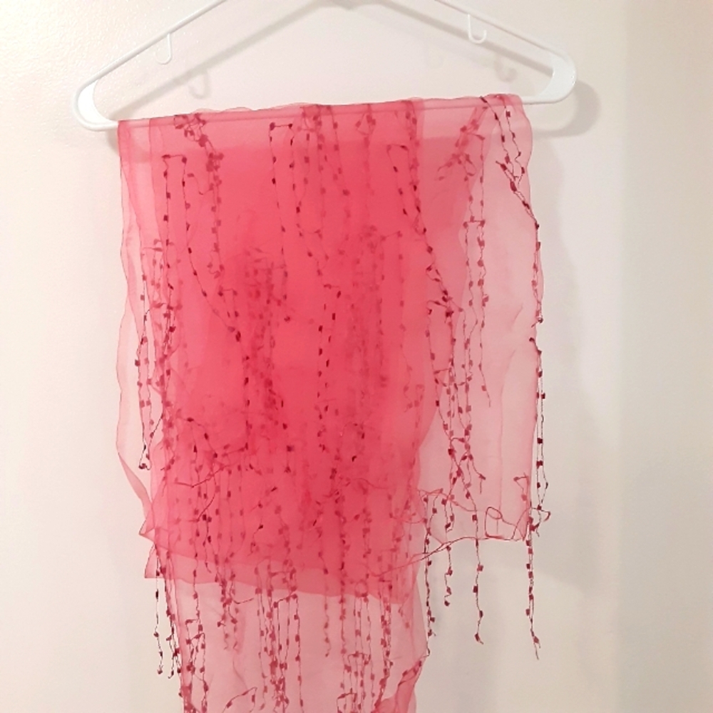 Powder Brand Sheer Pink Silk Scarf With Frige Details NWT 72 X 40